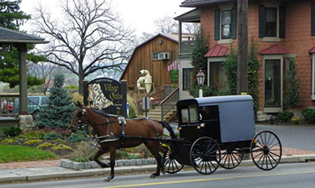 Image of an Amish Horse & Buggy in front of an Amish Quilt Shop.
